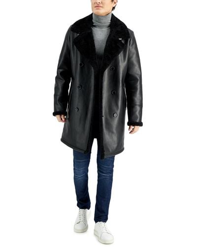 Guess Long Pleather Double Breasted Coat - Black