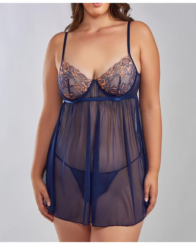 iCollection Lana Plus Size Underwire Soft Lace And Mesh Babydoll Lingerie Set - Blue