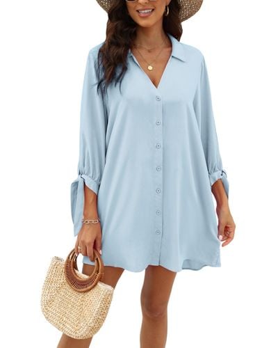 CUPSHE V-neck Button Front Cover-up Dress - Blue