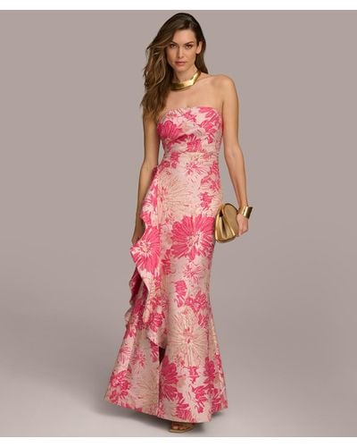 Donna Karan Floral-jacquard Ruffled Strapless Gown - Pink