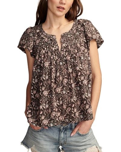 Lucky Brand Cotton Smocked Flutter-sleeve Top - Brown