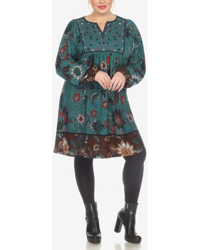 White Mark Plus Size Paisley Flower Embroidered Sweater Dress - Green