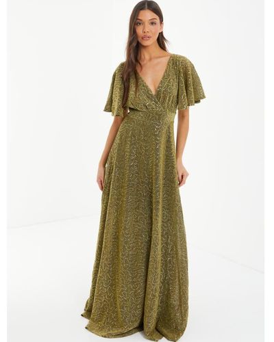 Quiz Glitter Lurex Angel Sleeve Evening Dress - Green
