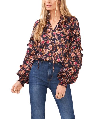 1.STATE Floral Ruffle Split Neck Long-sleeve Blouse - Blue