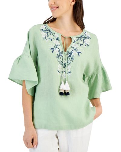 Charter Club 100% Linen Embroidered Peasant Top - Pink