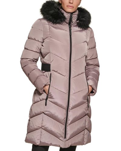 Calvin Klein Petite Belted Faux-fur-trim Hooded Puffer Coat, Created For Macy's - Pink