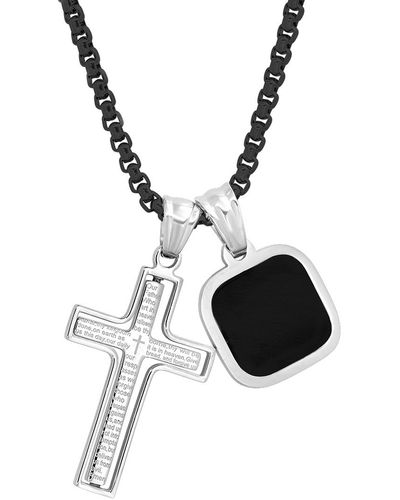 Steeltime Silver-tone Our Father English Prayer Spinning Cross & Square Pendant Necklace - Black