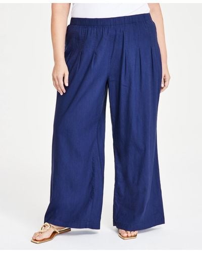 INC International Concepts Plus Size Linen-blend Wide-leg Pull-on Pants - Blue