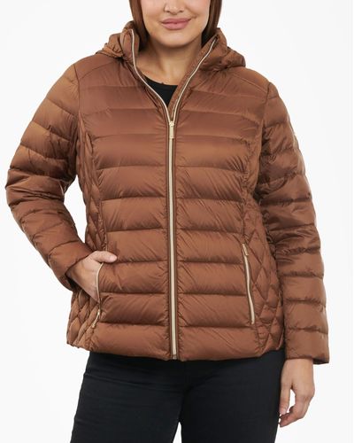 Michael Kors Plus Size Hooded Packable Down Puffer Coat - Brown
