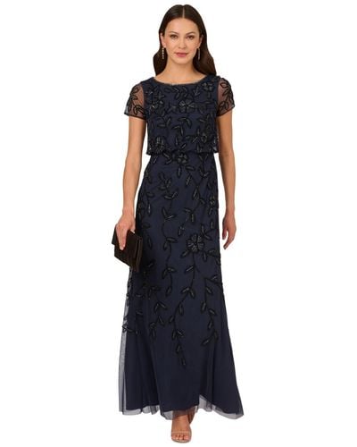 Adrianna Papell Floral Bead Embellished Blouson Short-sleeve Gown - Blue