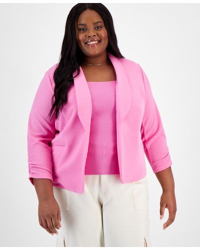 BarIII Trendy Plus Size Knit Drape-front Blazer - Pink