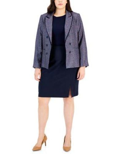 Tahari Plus Faux Double Breasted Jacket Pencil Skirt - Blue