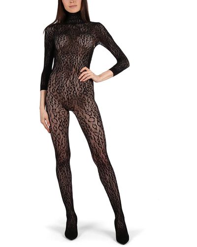 Memoi Wild Leopard Long Sleeve Seamless Body Stocking - Black