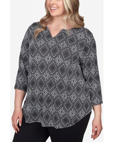 Ruby Rd. Plus Size Diamond Puff Print Draped Knit Top - Gray