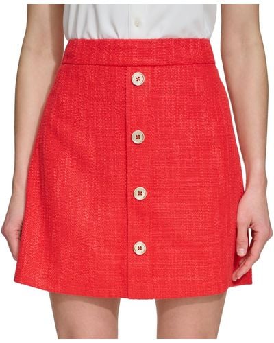 DKNY Faux-button-front Tweed Mini Skirt - Red