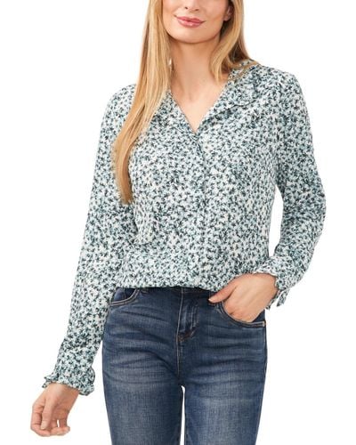 Cece Ruffled Button Front Long Sleeve Blouse - Blue