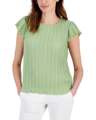 Tahari Flutter-sleeve Pleated Top - Green