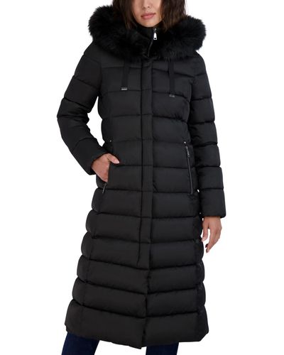 Tahari Faux-fur-trim Hooded Maxi Puffer Coat - Black
