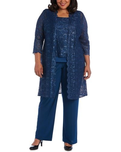 R & M Richards 3-pc. Plus Size Sequined Lace Pantsuit & Shell - Blue