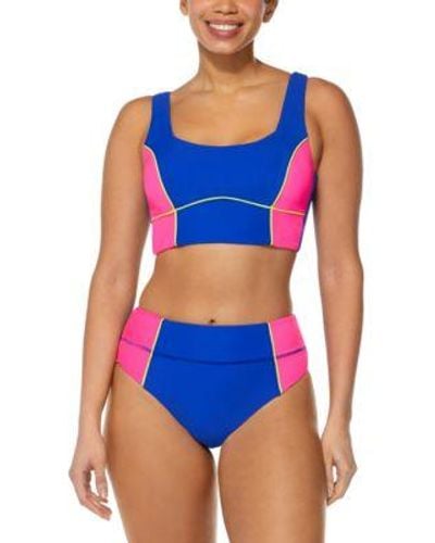 Reebok Colorblocked Long Line Bralette Swim Top High Waist Bikini Bottoms - Blue