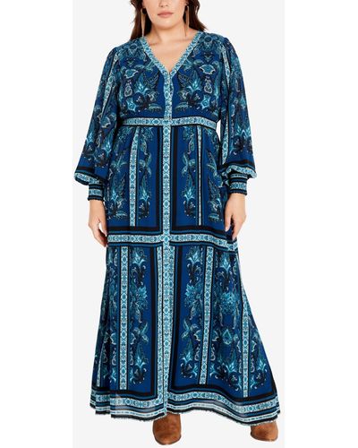 Avenue Plus Size Serene Placement Maxi Dress - Blue
