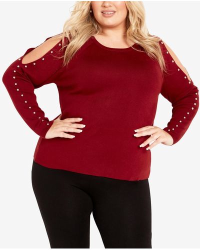 Avenue Plus Size Cold Shoulder Round Neck Sweater - Red