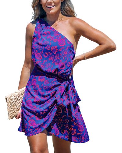 CUPSHE Floral One Shoulder Mini Beach Dress - Purple