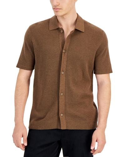 Alfani Short Sleeve Textured Knit Button-down Polo Shirt - Brown