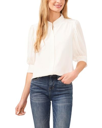 Cece Elbow Sleeve Collared Button Down Blouse - White