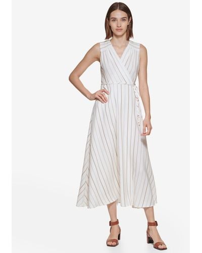 Calvin Klein Striped Wrap Midi Dress - White