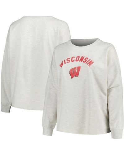 Profile Wisconsin Badgers Plus Size Distressed Arch Over Logo Neutral Boxy Pullover Sweatshirt - White