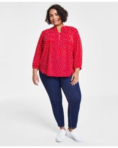 Tommy Hilfiger Plus Size Dot Print Pintuck 3 4 Sleeve Top Th Flex Gramercy Pull On Jeans - Red