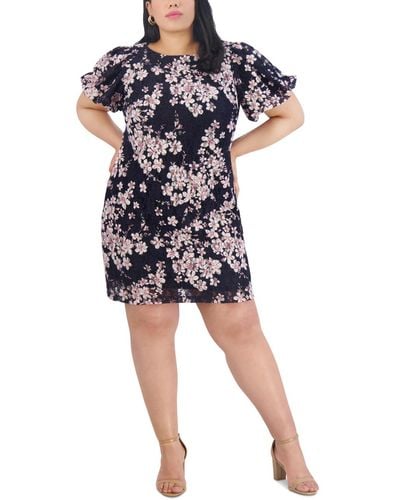 Jessica Howard Plus Size Floral-print Puff-sleeve Dress - Blue