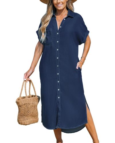 CUPSHE Denim Short Sleeve Button Down Cover Up Dress - Blue