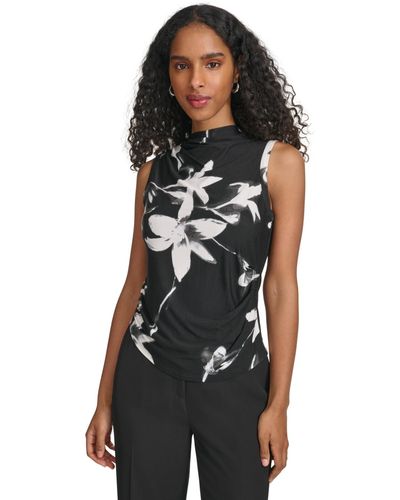 Calvin Klein High-neck Floral-print Sleeveless Top - Black