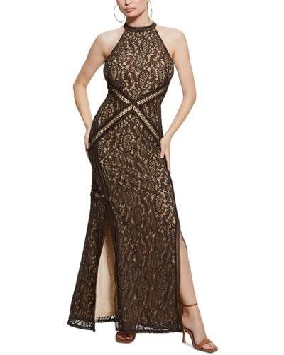 Guess New Liza Lace Halter Sleeveless Gown - Brown