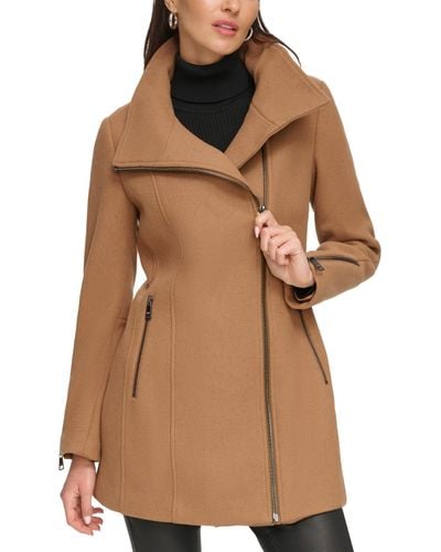 DKNY Asymmetric Zipper Wool Blend Coat - Brown