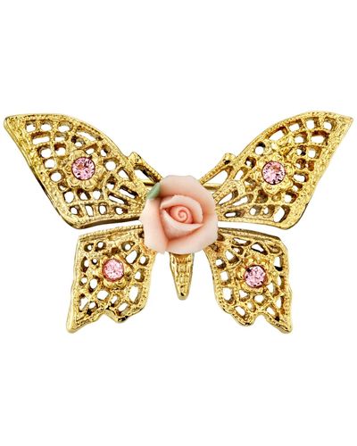 2028 Gold-tone Pink Crystal And Porcelain Rose Butterfly Brooch - Metallic