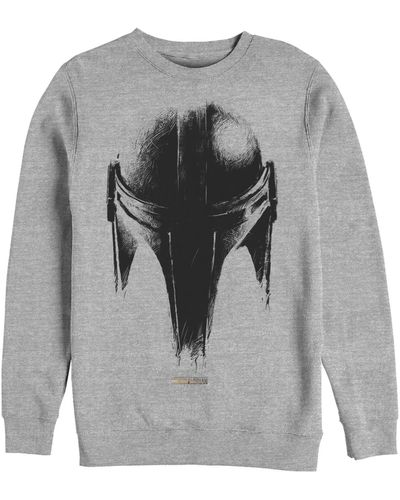 Fifth Sun Star Wars Mandalorian Sketch Helm Crew Fleece Pullover T-shirt - Gray