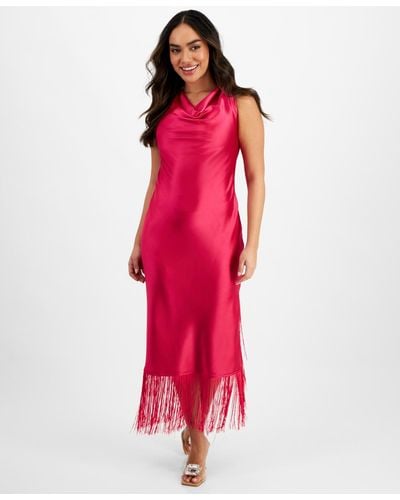 INC International Concepts Petite Fringed-hem Cowlneck Sleeveless Dress - Red
