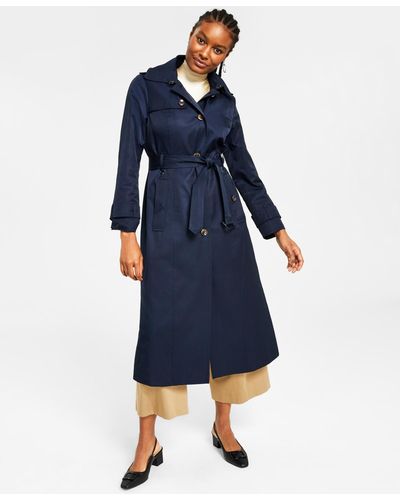 London Fog Hooded Belted Maxi Trench Coat - Blue