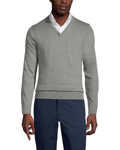 Lands' End School Uniform Cotton Modal Fine Gauge V-neck Sweater - Gray