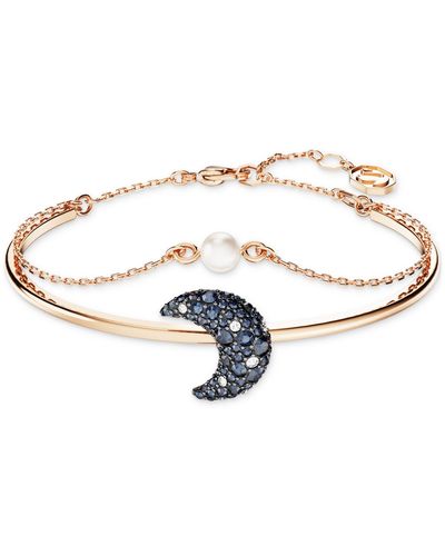 Swarovski Rose Gold-tone Pave Crescent Moon & Imitation Pearl Double-row Bangle Bracelet - White