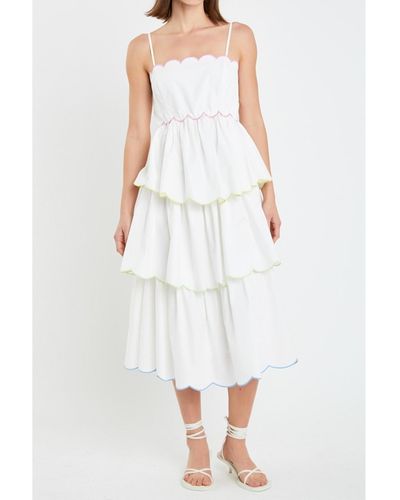 English Factory Scallop Sleeveless Tiered Dress - White