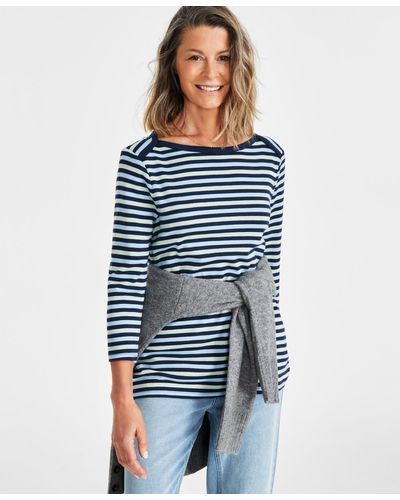 Style & Co. Petite Stripe 3/4-sleeve Top - Blue