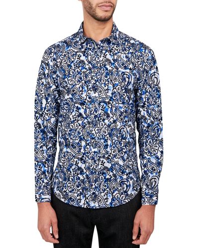 Society of Threads Regular-fit Moisture-wicking Flocked Paisley Button-down Shirt - Blue