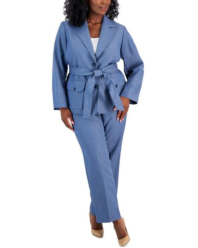 Le Suit Plus Size Belted Safari Jacket Pantsuit - Blue
