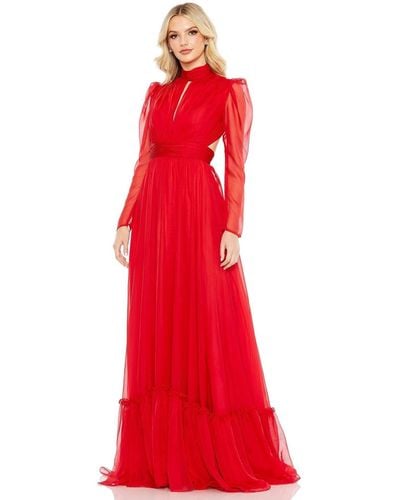 Mac Duggal Chiffon High Neck Keyhole Puff Sleeve Lace Up Gown - Red