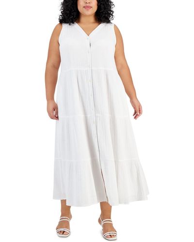 Style & Co. Plus Size Sleeveless Button- Front Maxi Dress - White