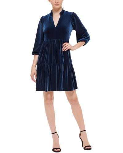 Vince Camuto Velvet Puff-sleeve Tiered Dress - Blue